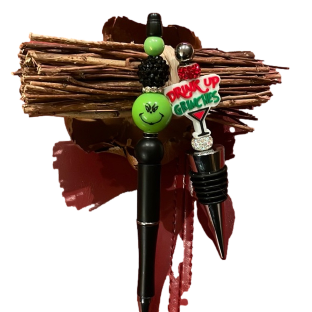 Grinch Handmade Beaded Pen and Wine Stopper.